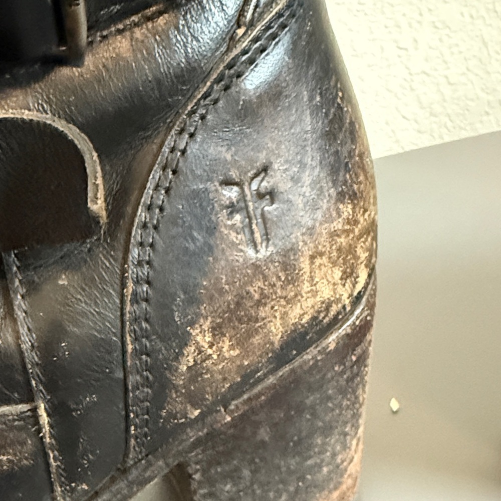 Frye Distressed Black Leather Mid Calf Boots with Buckle Detail - Picture 10 of 16